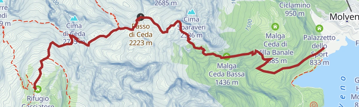 Route map: Trekking from Rifugio Cacciatore to Molveno through Val di Ceda